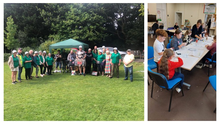 Montage image showing volunteers from Friends of Jersey Park on one side and children taking part in a group activity at Noddfa Community Centre on the other.