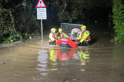 Firefighters helping dogs into crates on an inflatable rescue sled during flooding at Glanrhyd Dog Sanctuary.