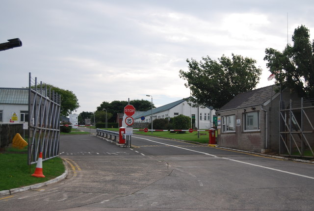 View of Castlemartin Training Camp buildings and grounds in Pembrokeshire, Wales.