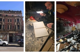 Montage showing the exterior of Swansea’s Elysium Theatre, a decaying interior with a calendar book, and a broken auditorium with red ceiling and overturned seats.