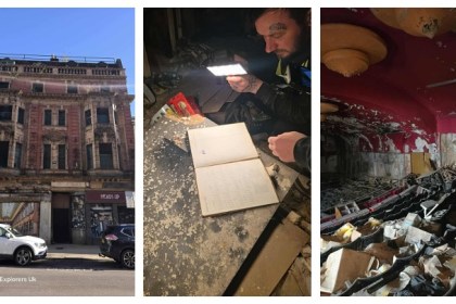 Montage showing the exterior of Swansea’s Elysium Theatre, a decaying interior with a calendar book, and a broken auditorium with red ceiling and overturned seats.