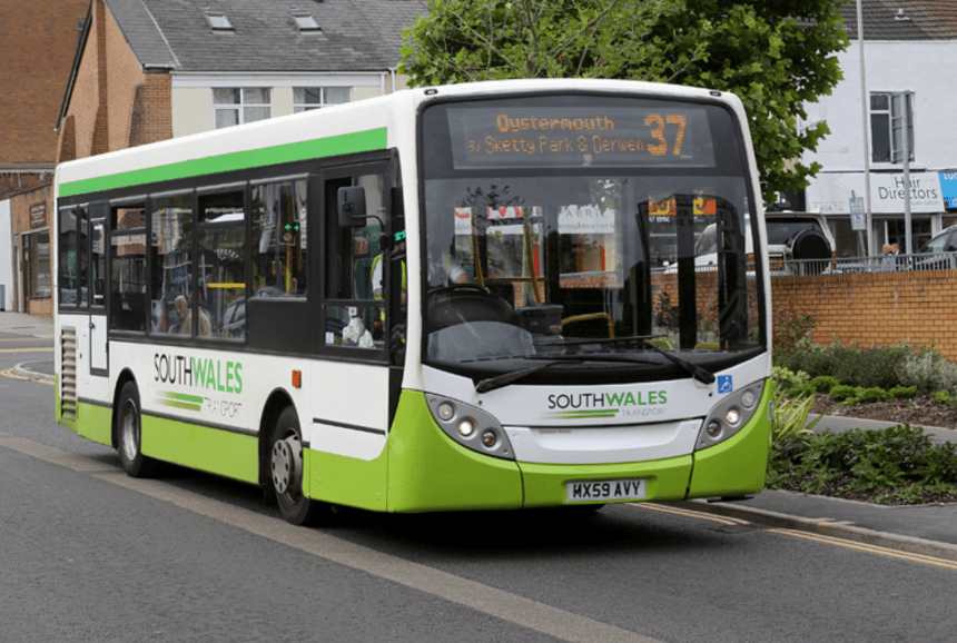 South Wales Transport bus in Swansea operating route 37 to Oystermouth, photographed before Tower Transit acquisition.