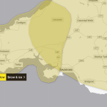Met Office map showing Yellow Weather Warnings for snow and ice in South West Wales, including Carmarthenshire, Pembrokeshire and Swansea, with wider ice alerts across Wales.
