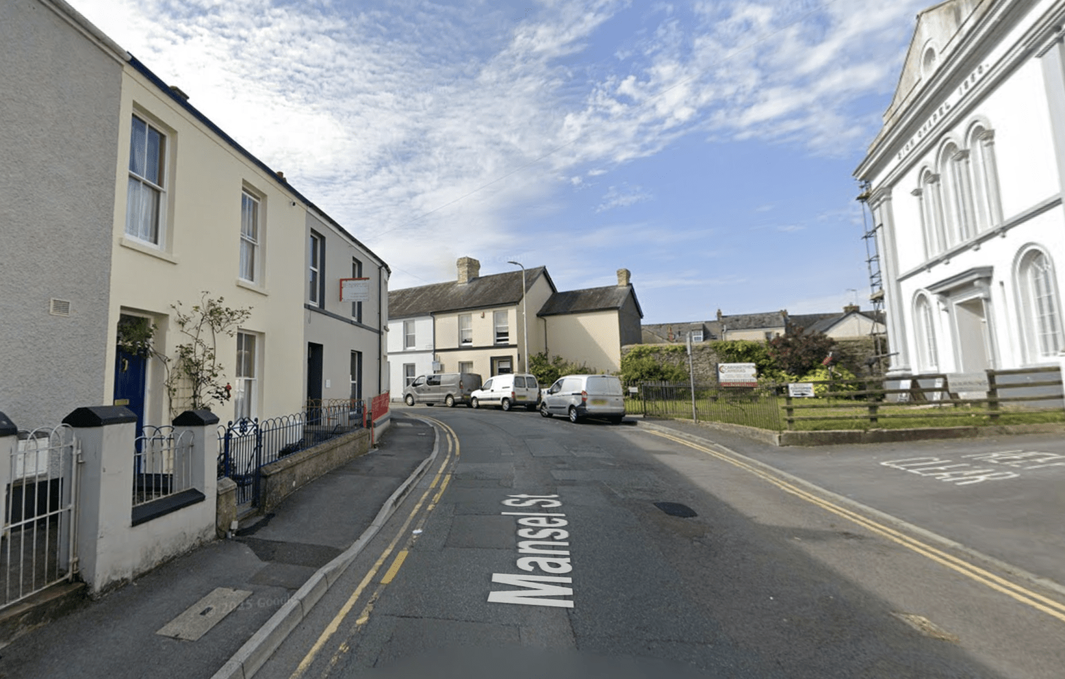 Street view of Mansel Street in Carmarthen, location of a suspicious fire under police investigation.