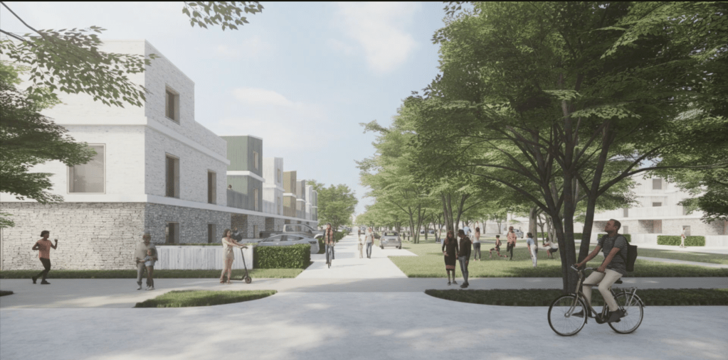 Tree-lined street with modern housing, cyclists and pedestrians.