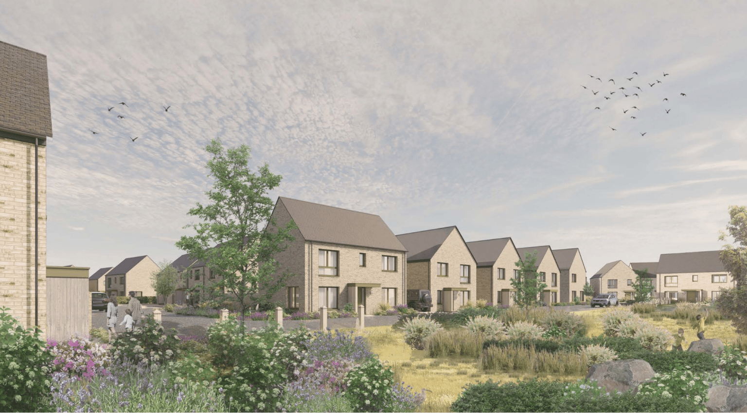 Visualisation of Kyffin Meadows with two-storey brick homes, landscaped greenery, and residents seated in foreground