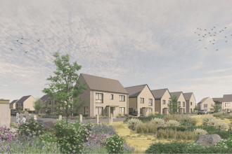 Visualisation of Kyffin Meadows with two-storey brick homes, landscaped greenery, and residents seated in foreground