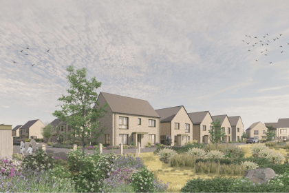 Visualisation of Kyffin Meadows with two-storey brick homes, landscaped greenery, and residents seated in foreground