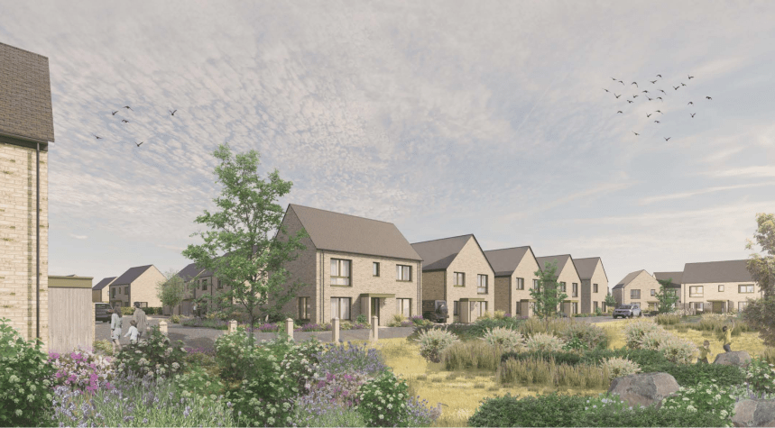 Visualisation of Kyffin Meadows with two-storey brick homes, landscaped greenery, and residents seated in foreground