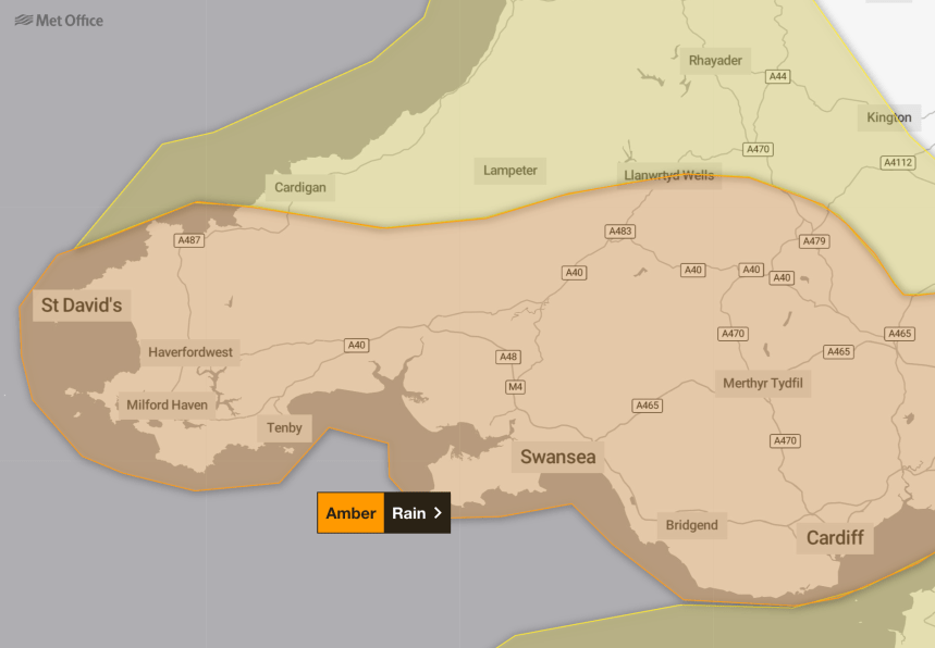 Met Office Amber warning map for South Wales