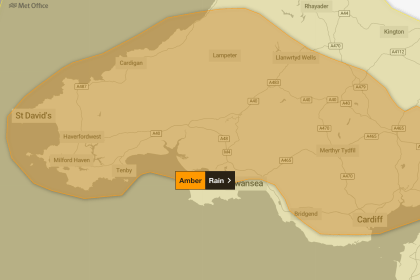 Met Office amber weather warning map for South and West Wales