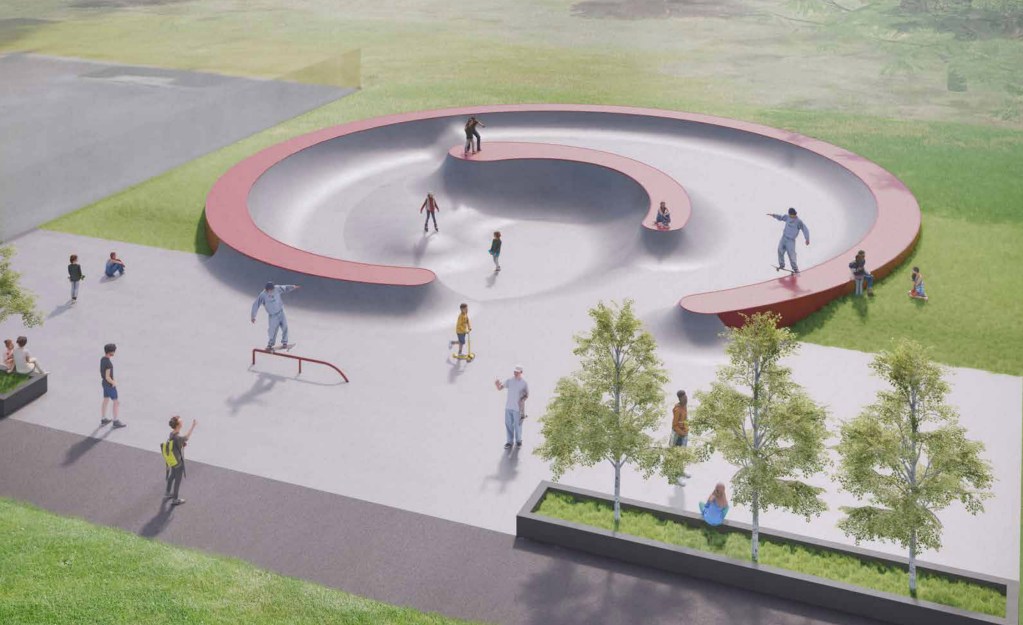 3D design of upgraded skatepark in Ynystawe with ramps, bowls, and platforms.