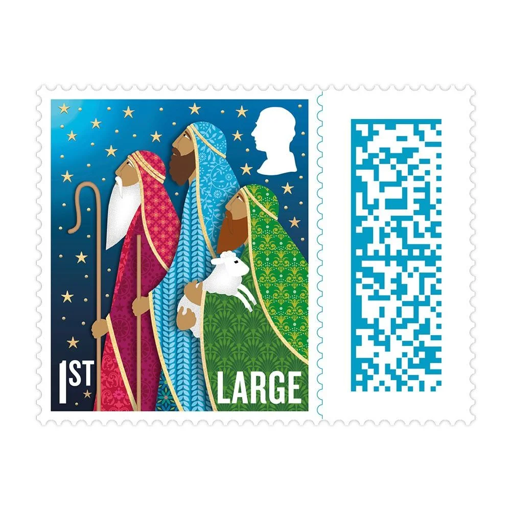 Illustration of shepherds, Royal Mail 2025 1st Large Letter Christmas stamp.