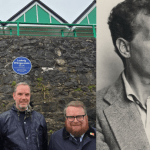 Montage image combining the blue plaque unveiling at Langland Bay and a portrait of Ludwig Wittgenstein.