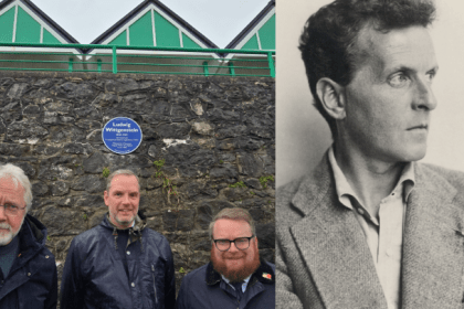 Montage image combining the blue plaque unveiling at Langland Bay and a portrait of Ludwig Wittgenstein.