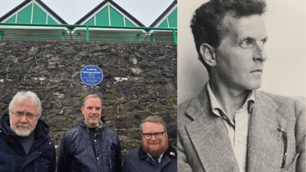 Montage image combining the blue plaque unveiling at Langland Bay and a portrait of Ludwig Wittgenstein.