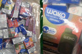 Close‑up image showing rows of bagged vapes seized by Trading Standards in Neath Port Talbot.