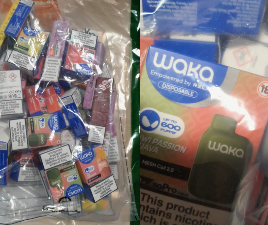 Close‑up image showing rows of bagged vapes seized by Trading Standards in Neath Port Talbot.