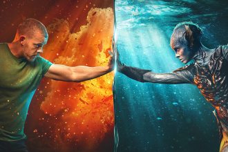 Human and aquatic characters press hands against a transparent barrier, with fire and water backgrounds symbolising conflict and connection.