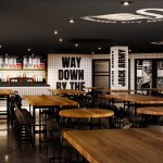 Interior view of The Swansea Jack sports bar showing bar, TV screens and Swansea City slogans on the wall.