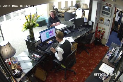 CCTV image from The Diplomat Hotel reception desk in Llanelli, showing guest involved in alleged unpaid bill incident.
