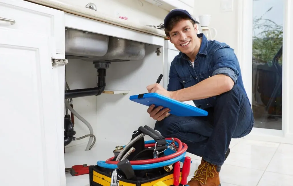Plumber kneeling beside open kitchen sink cabinet with tools and clipboard, inspecting pipework.
