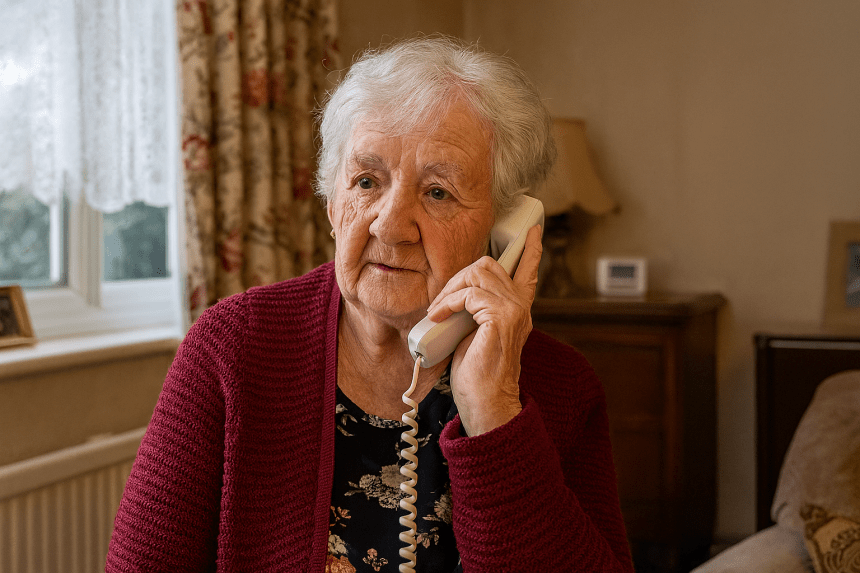 Elderly person in a maroon cardigan holding a corded landline phone in a domestic setting.