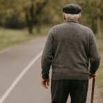 Elderly man walking with a stick along a quiet path, shown from behind