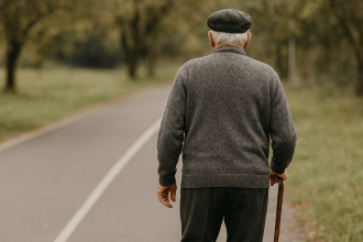 Elderly man walking with a stick along a quiet path, shown from behind
