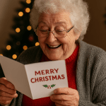 Elderly Welsh woman in red sweater and grey cardigan smiling as she opens a Christmas card in a cozy living room with Christmas decorations.