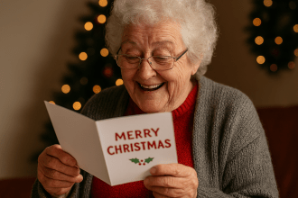 Elderly Welsh woman in red sweater and grey cardigan smiling as she opens a Christmas card in a cozy living room with Christmas decorations.