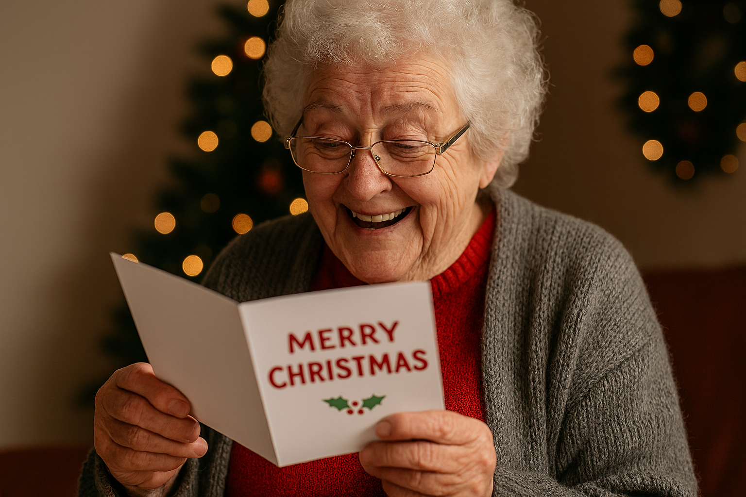 Elderly Welsh woman in red sweater and grey cardigan smiling as she opens a Christmas card in a cozy living room with Christmas decorations.