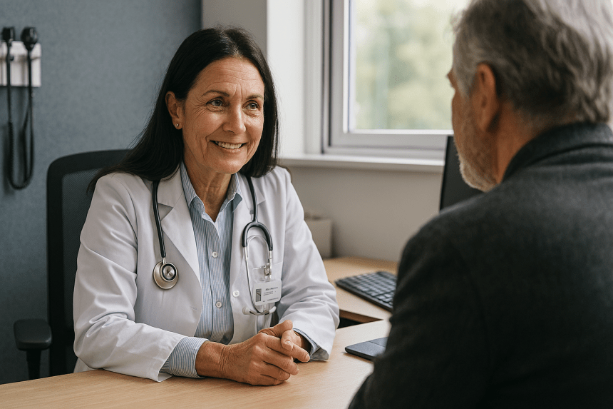 AI-generated image of a female GP doctor talking to a patient in a local surgery