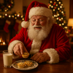 Santa Claus in red suit picking up a mince pie from a festive plate beside a glass of milk, with a decorated Christmas tree and fireplace in the background.