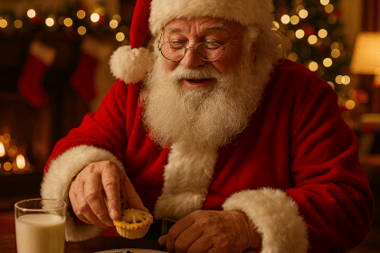 Santa Claus in red suit picking up a mince pie from a festive plate beside a glass of milk, with a decorated Christmas tree and fireplace in the background.