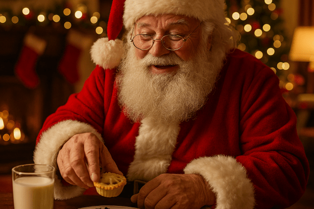 Santa Claus in red suit picking up a mince pie from a festive plate beside a glass of milk, with a decorated Christmas tree and fireplace in the background.