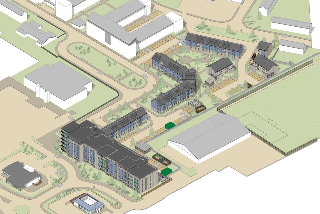Architectural site plan showing new residential blocks, roads, landscaped areas, and communal spaces.