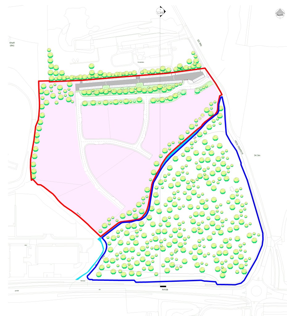 Map showing proposed development layout with woodland, internal roads, and car park near Llanelli Crematorium.