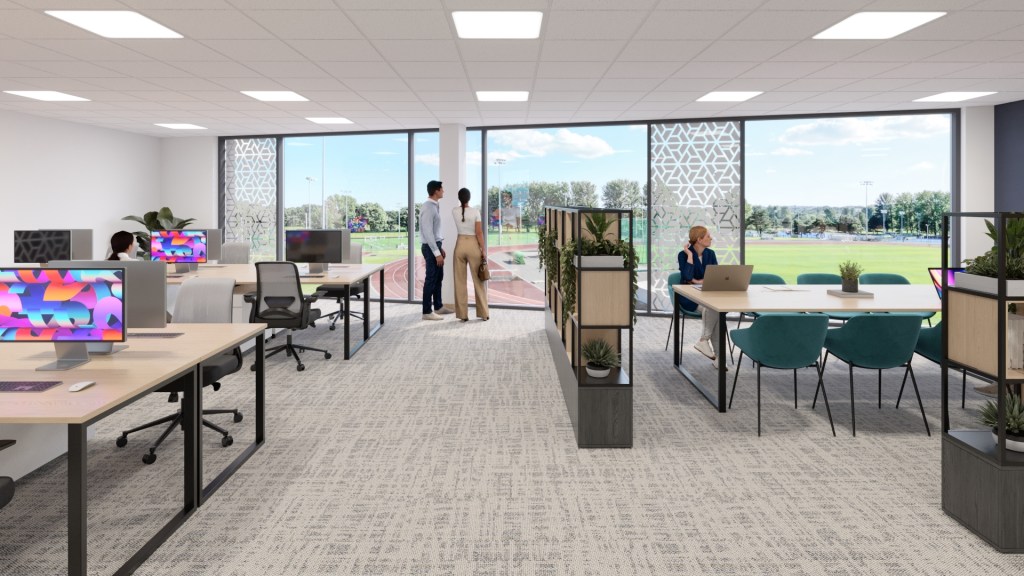 Modern building labeled National Institute for Sport and Health with landscaped entrance and glass walkway.