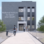 Modern building labeled National Institute for Sport and Health with landscaped entrance and glass walkway.