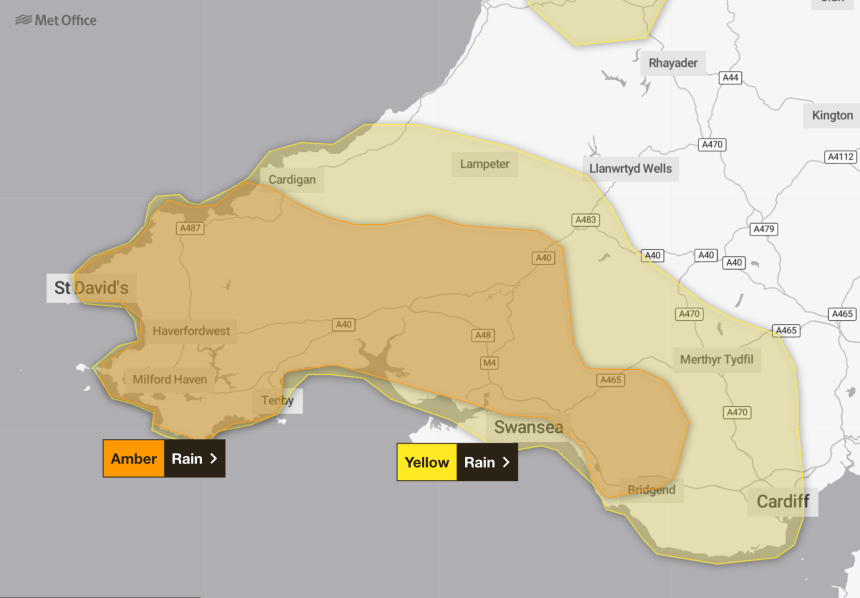 Amber rain warning issued for South West Wales on Monday, with up to 200mm forecast and flooding risks expected across Swansea, Neath Port Talbot, Carmarthenshire and Pembrokeshire.