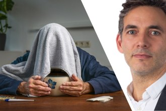 Montage showing a person performing steam inhalation and consultant surgeon Jeremy Yarrow, highlighting medical warnings about the practice.