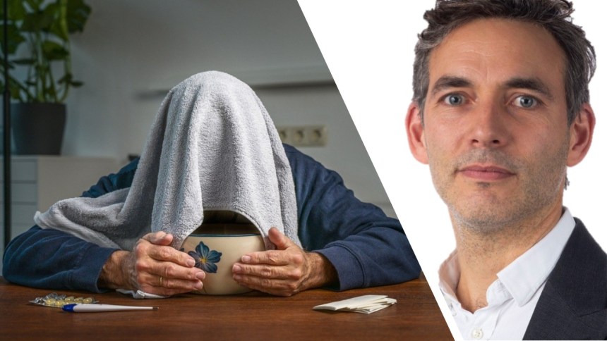 Montage showing a person performing steam inhalation and consultant surgeon Jeremy Yarrow, highlighting medical warnings about the practice.