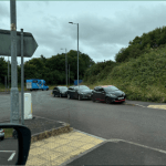 Collage showing roundabout traffic, roadside parking, and informal grass parking near Llanelli Crematorium.