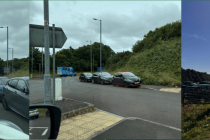 Collage showing roundabout traffic, roadside parking, and informal grass parking near Llanelli Crematorium.