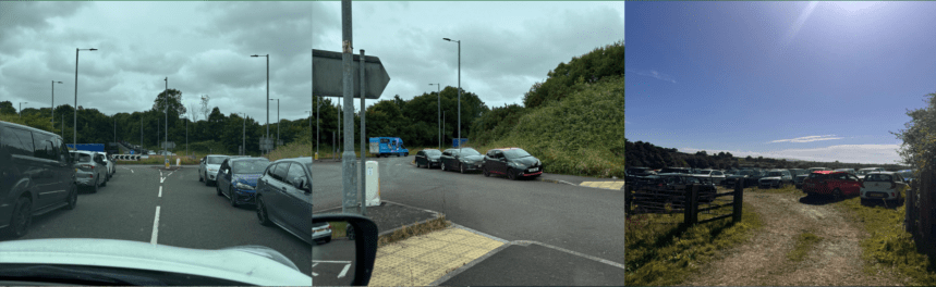 Collage showing roundabout traffic, roadside parking, and informal grass parking near Llanelli Crematorium.