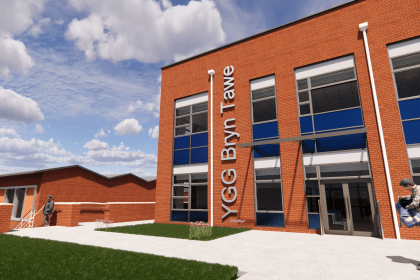 Design image showing proposed new teaching block at Ysgol Gyfun Gymraeg Bryn Tawe, Swansea.
