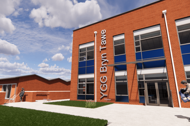 Design image showing proposed new teaching block at Ysgol Gyfun Gymraeg Bryn Tawe, Swansea.