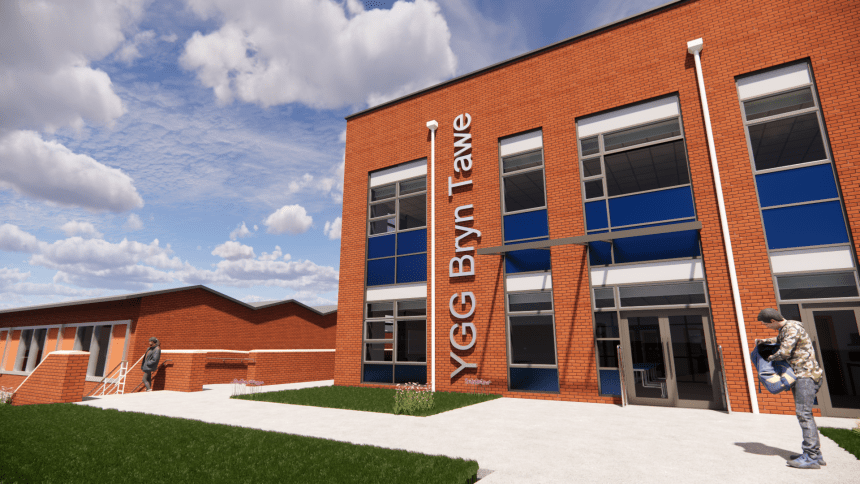 Design image showing proposed new teaching block at Ysgol Gyfun Gymraeg Bryn Tawe, Swansea.