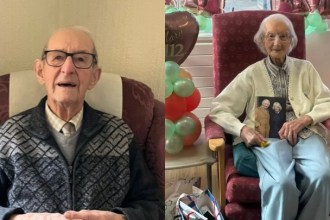 Side-by-side photo of Owen Filer, 106, seated in an armchair in Cwmbran, and Mary Kier, 112, celebrating her birthday in a Llandeilo care home before her death last year.